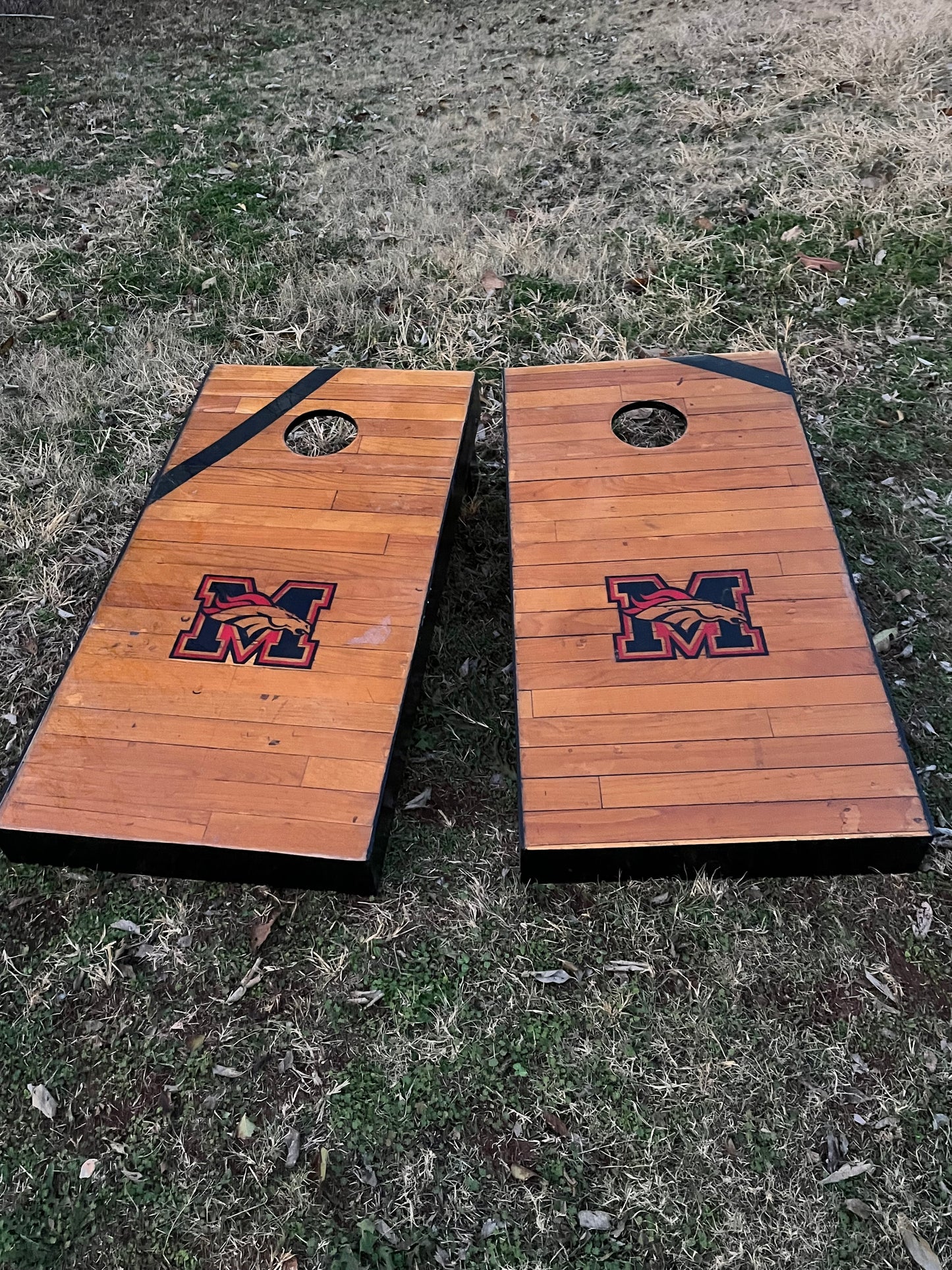 ONLY 4 SETS!  Corn Hole Boards Built from Mustang High School's Original Basketball Court