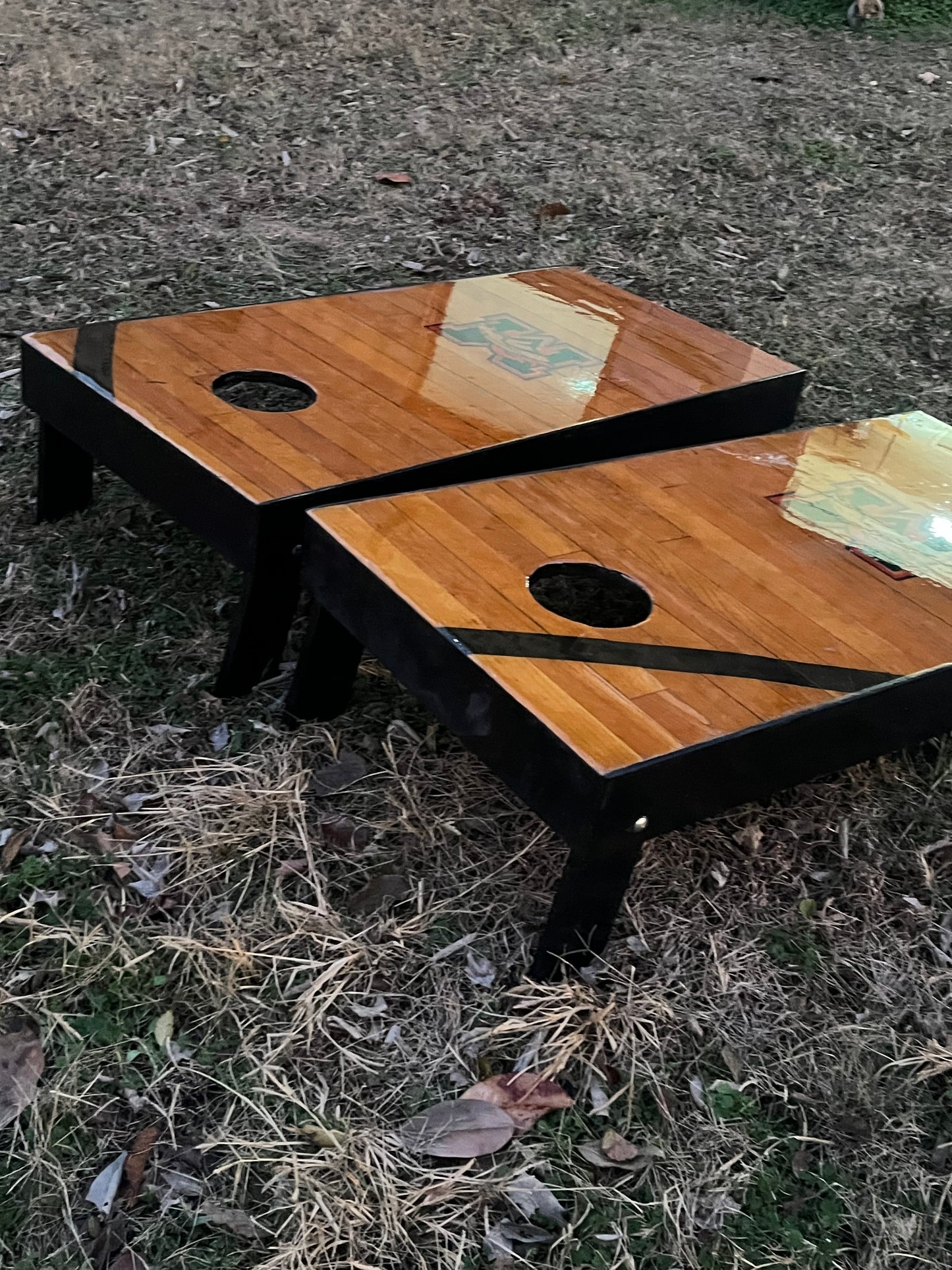 ONLY 4 SETS!  Corn Hole Boards Built from Mustang High School's Original Basketball Court