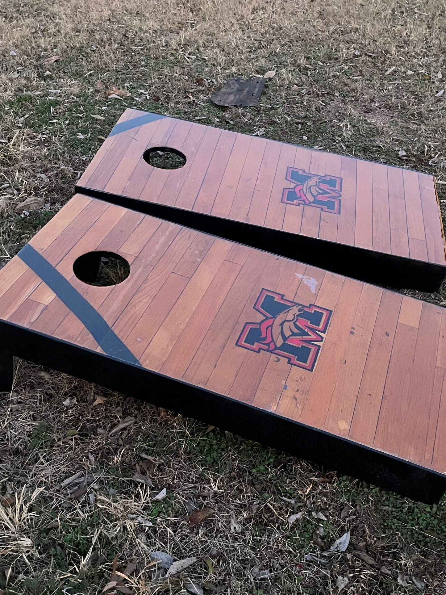 ONLY 4 SETS!  Corn Hole Boards Built from Mustang High School's Original Basketball Court