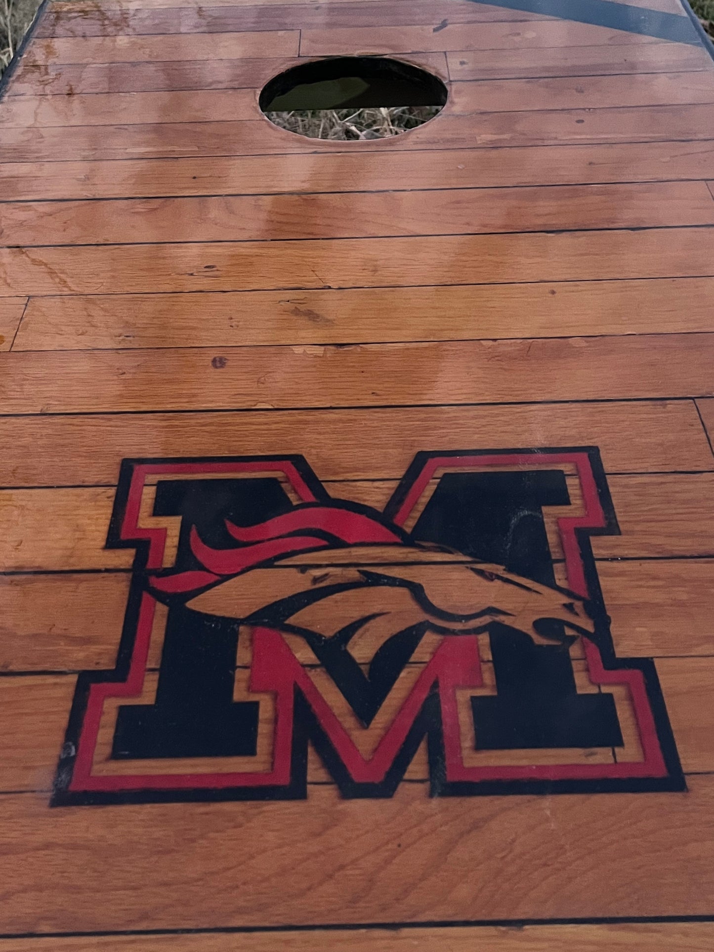 ONLY 4 SETS!  Corn Hole Boards Built from Mustang High School's Original Basketball Court